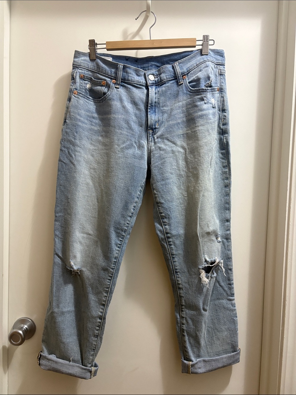 GAP Women's Light Blue Boyfriend Jeans with Distressed Knees